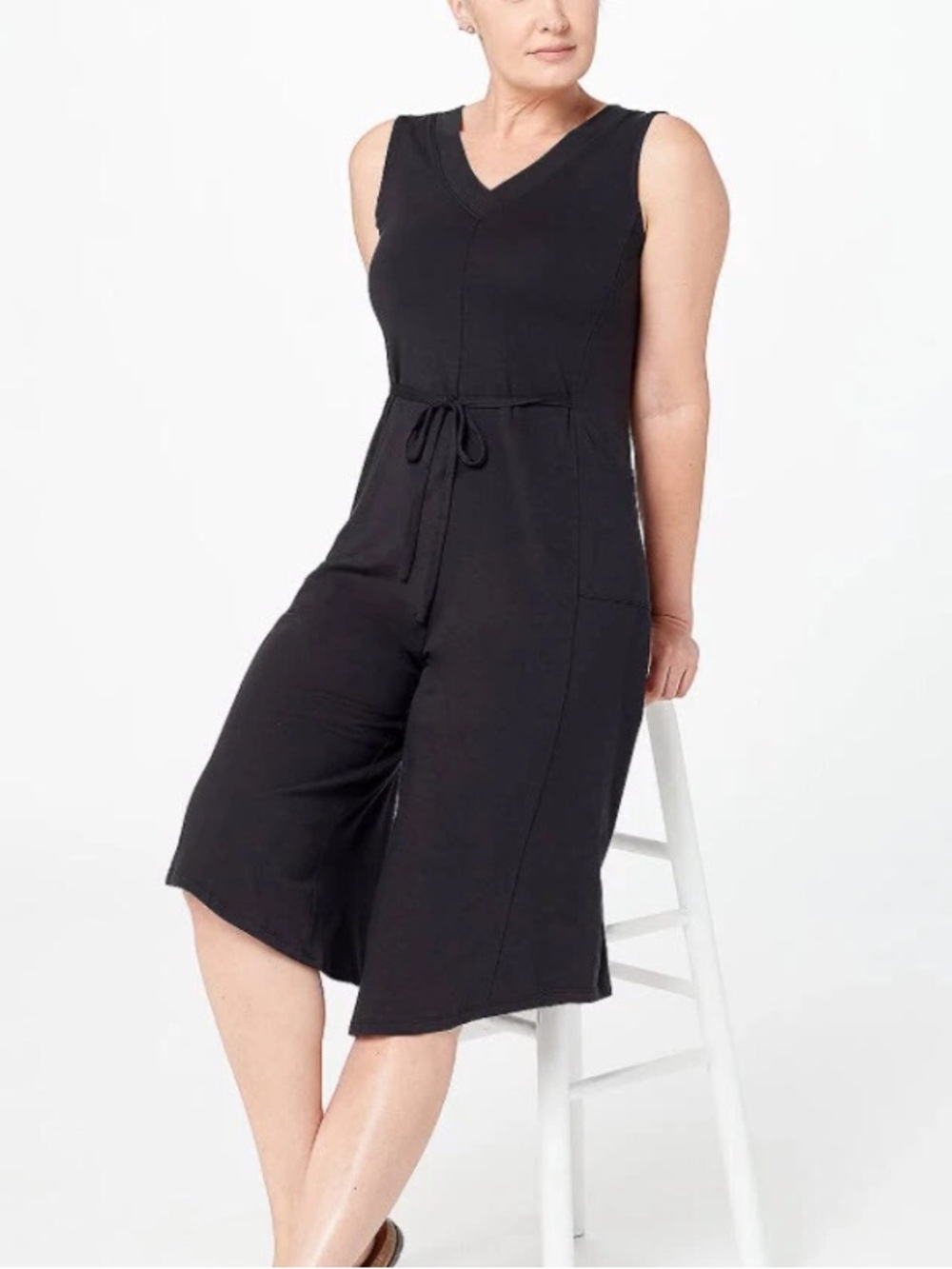 AnyBody Cozy Knit Luxe Black V-Neck Gaucho Jumpsuit Size L